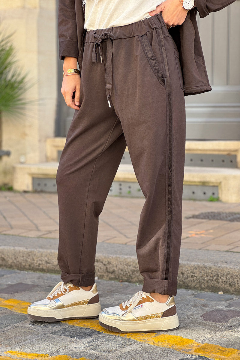 Jogging marron confort taille élastique liseré ruban satiné
