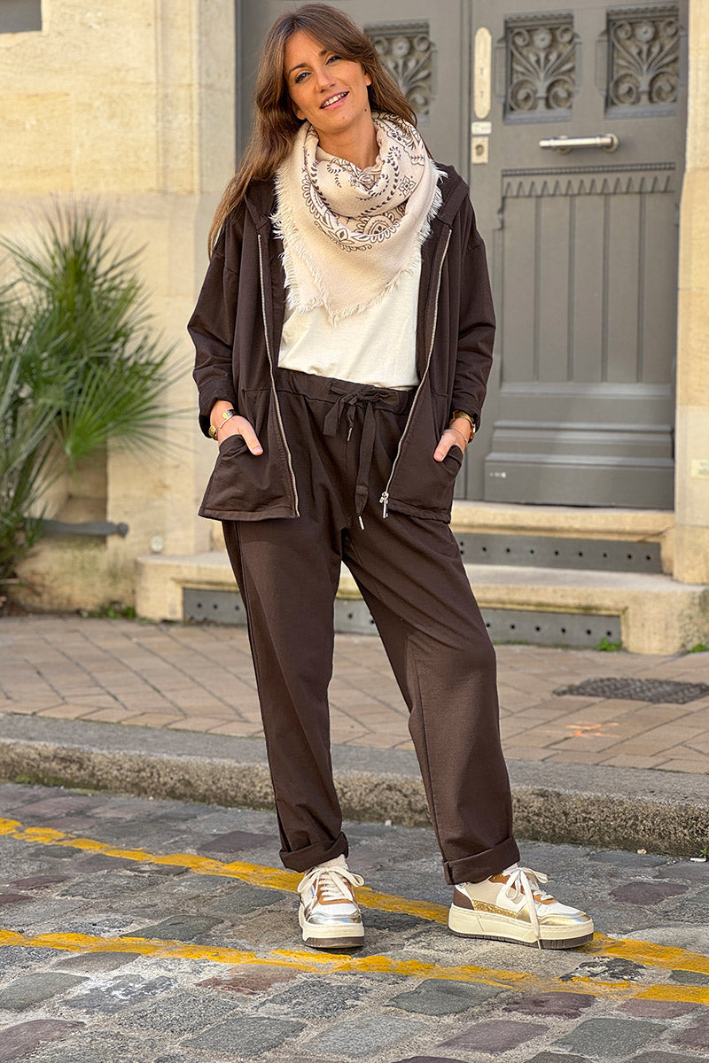 Jogging marron confort taille élastique liseré ruban satiné