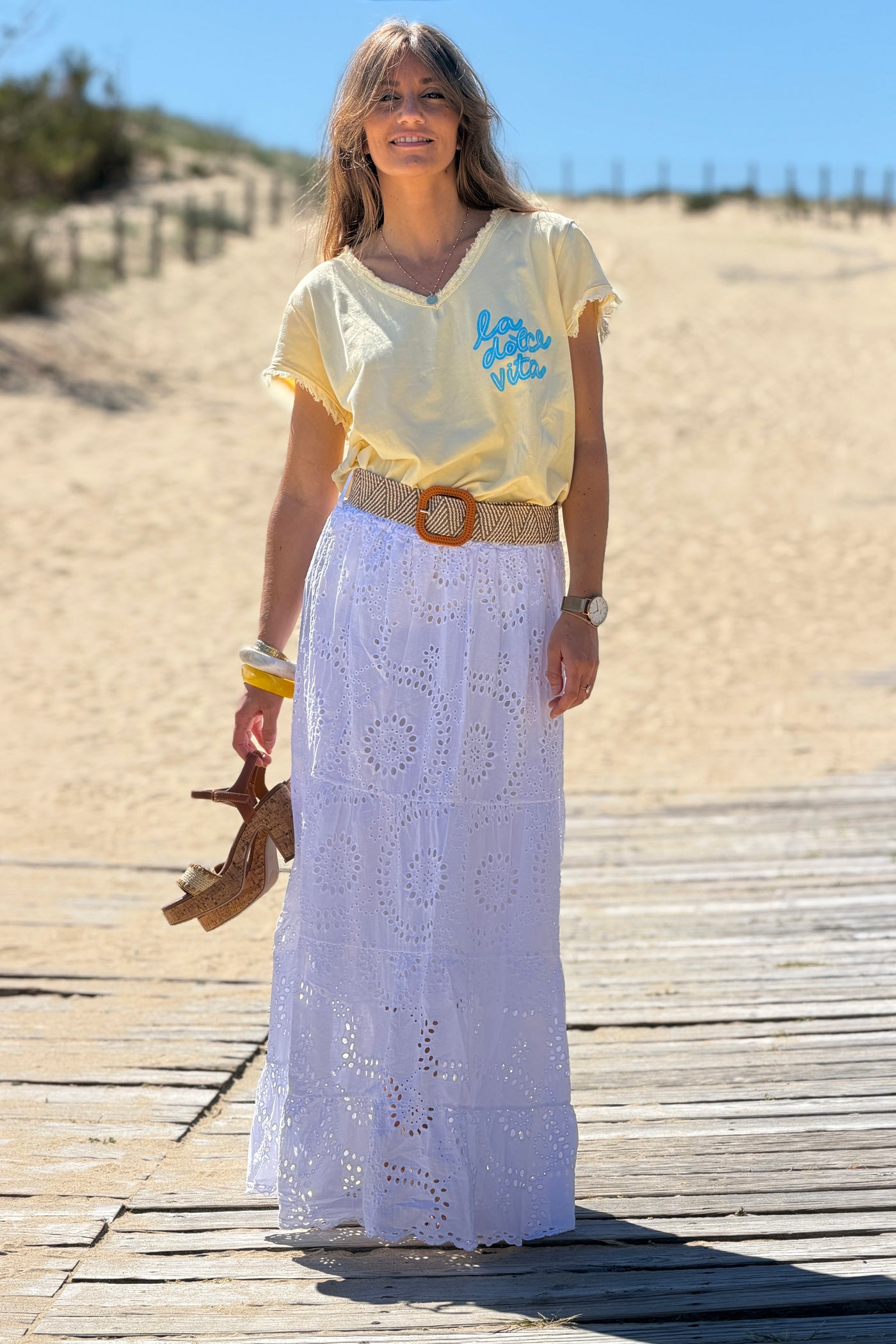 White Eyelet Prairie Skirt with Woven Belt