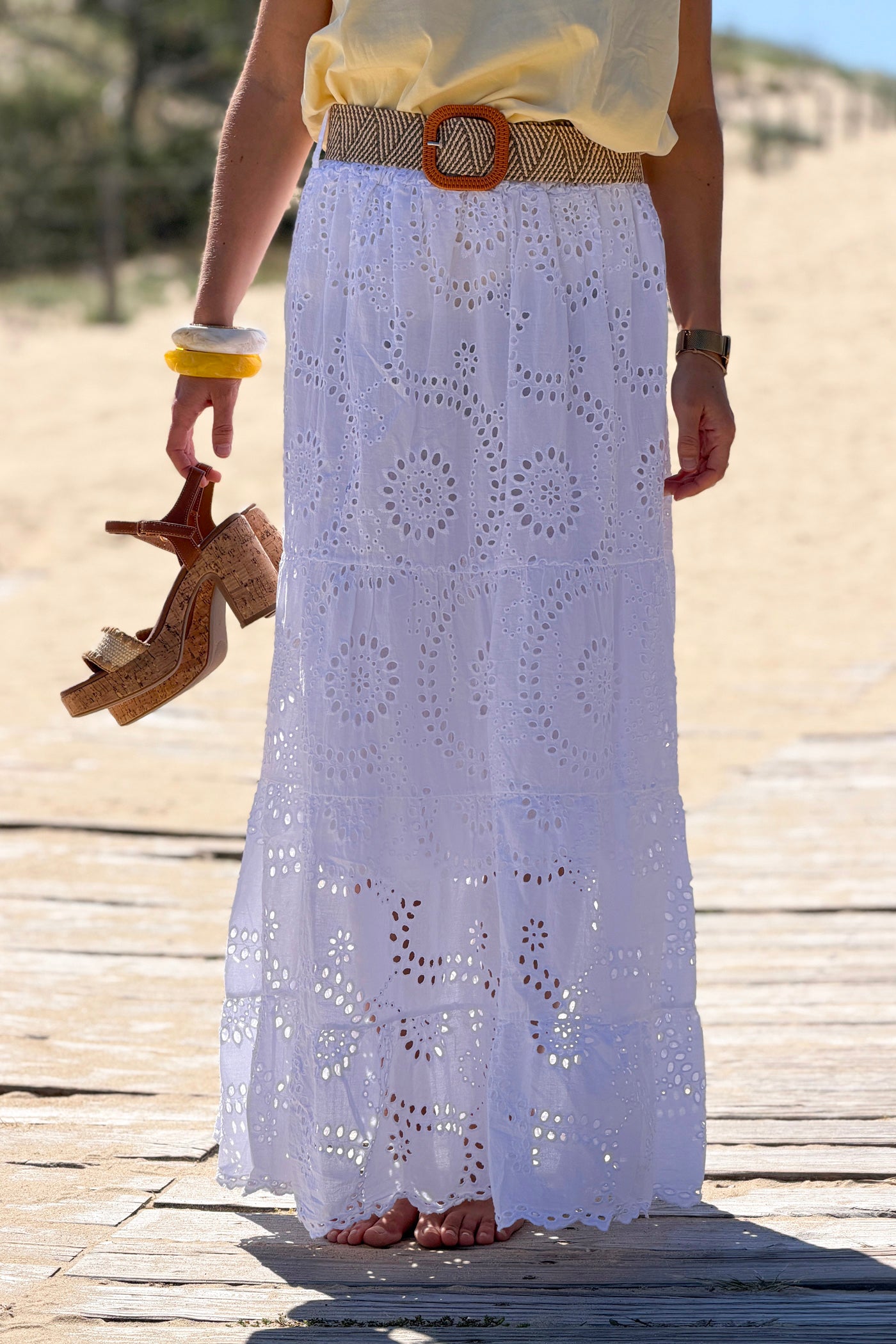 White Eyelet Prairie Skirt with Woven Belt