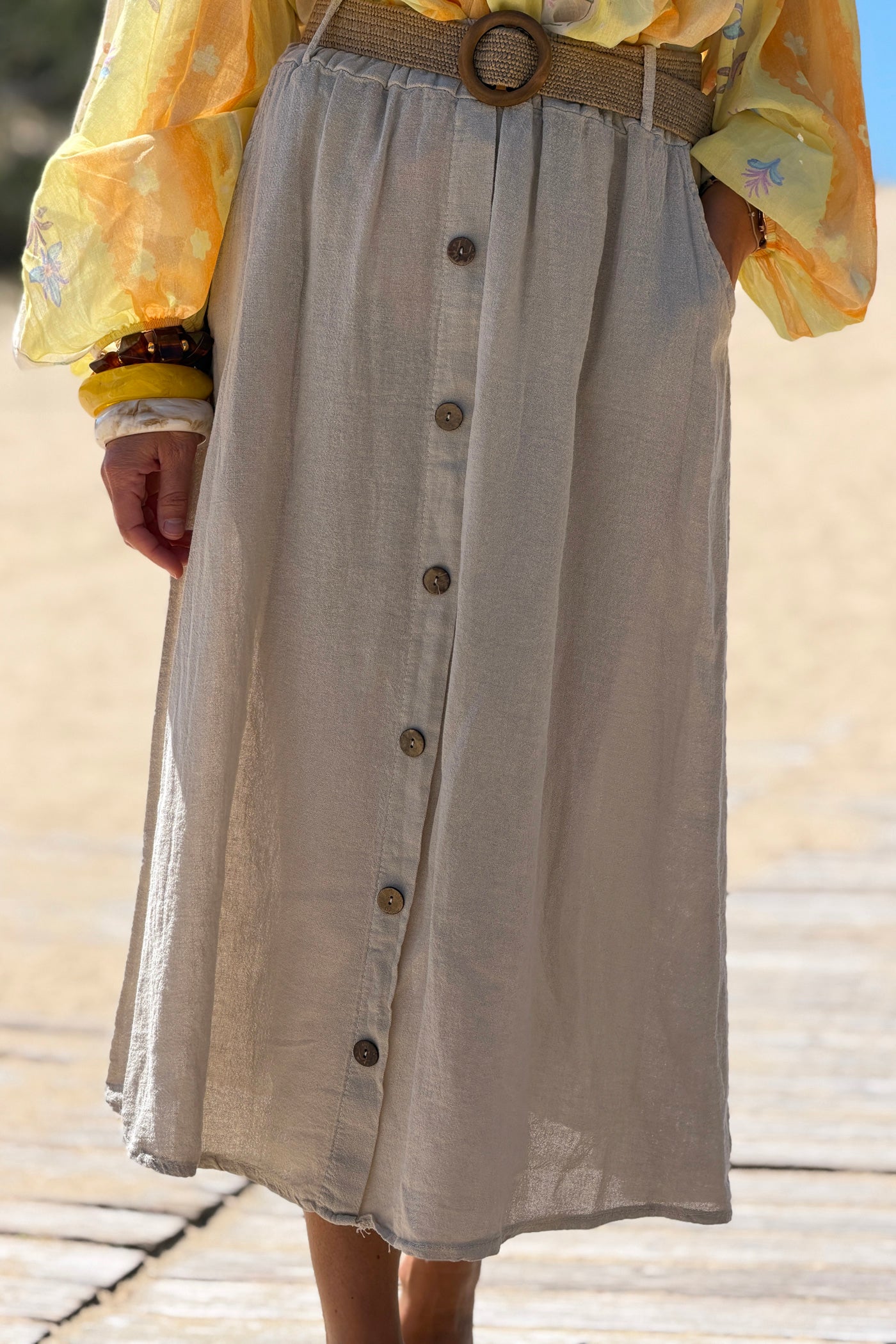 Beige Button-Front Woven Skirt