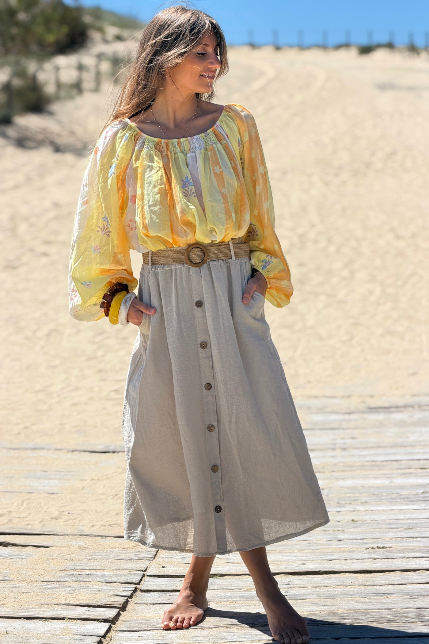 Beige Button-Front Woven Skirt