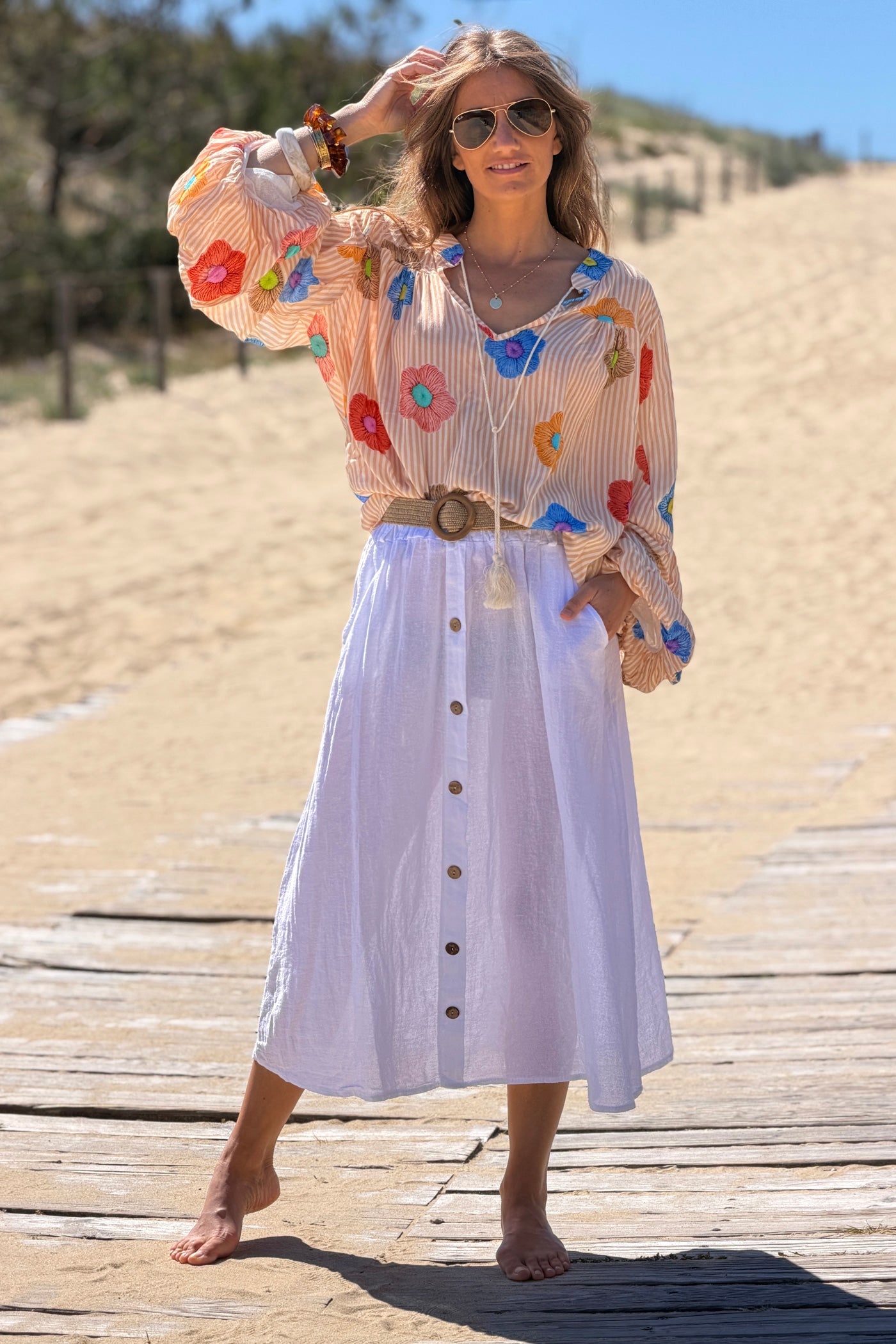 White Button-Front Woven Skirt