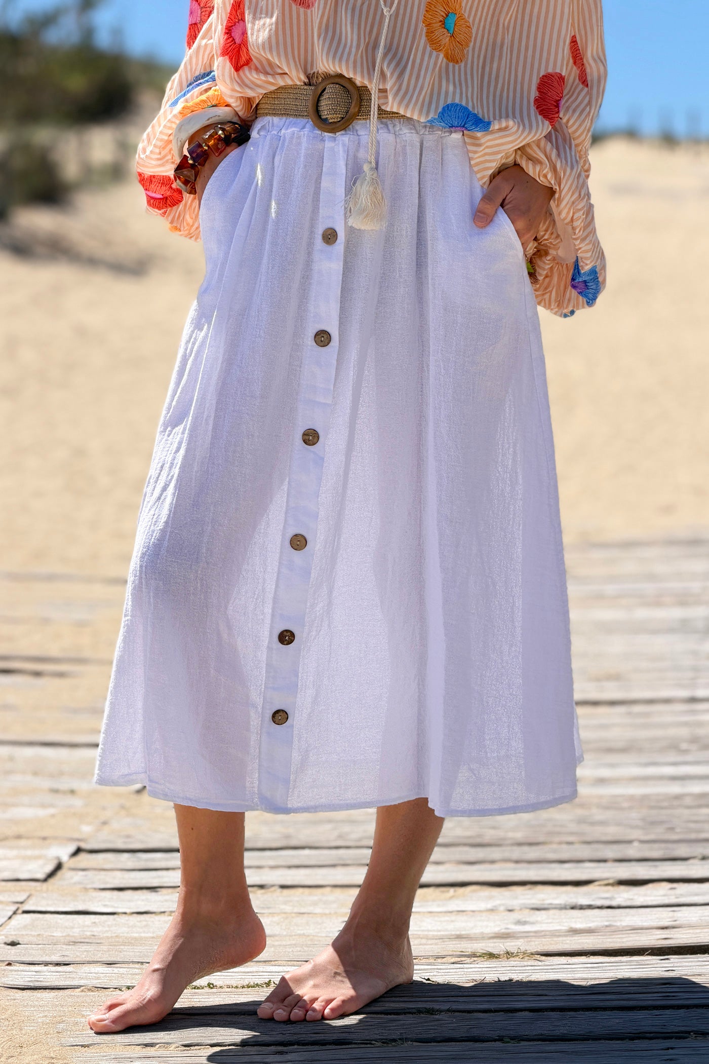 White Button-Front Woven Skirt