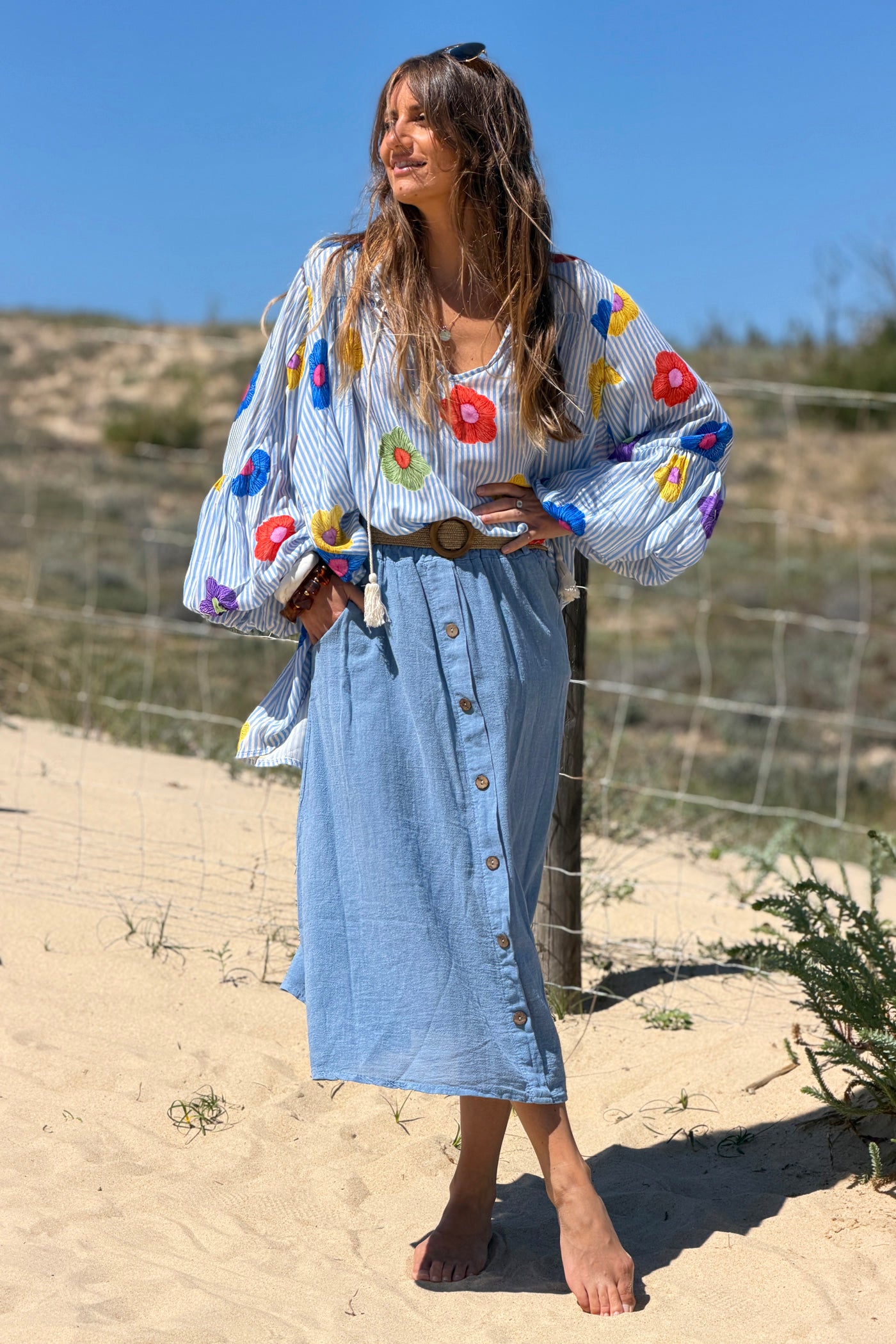 Chambray Button-Front Woven Skirt