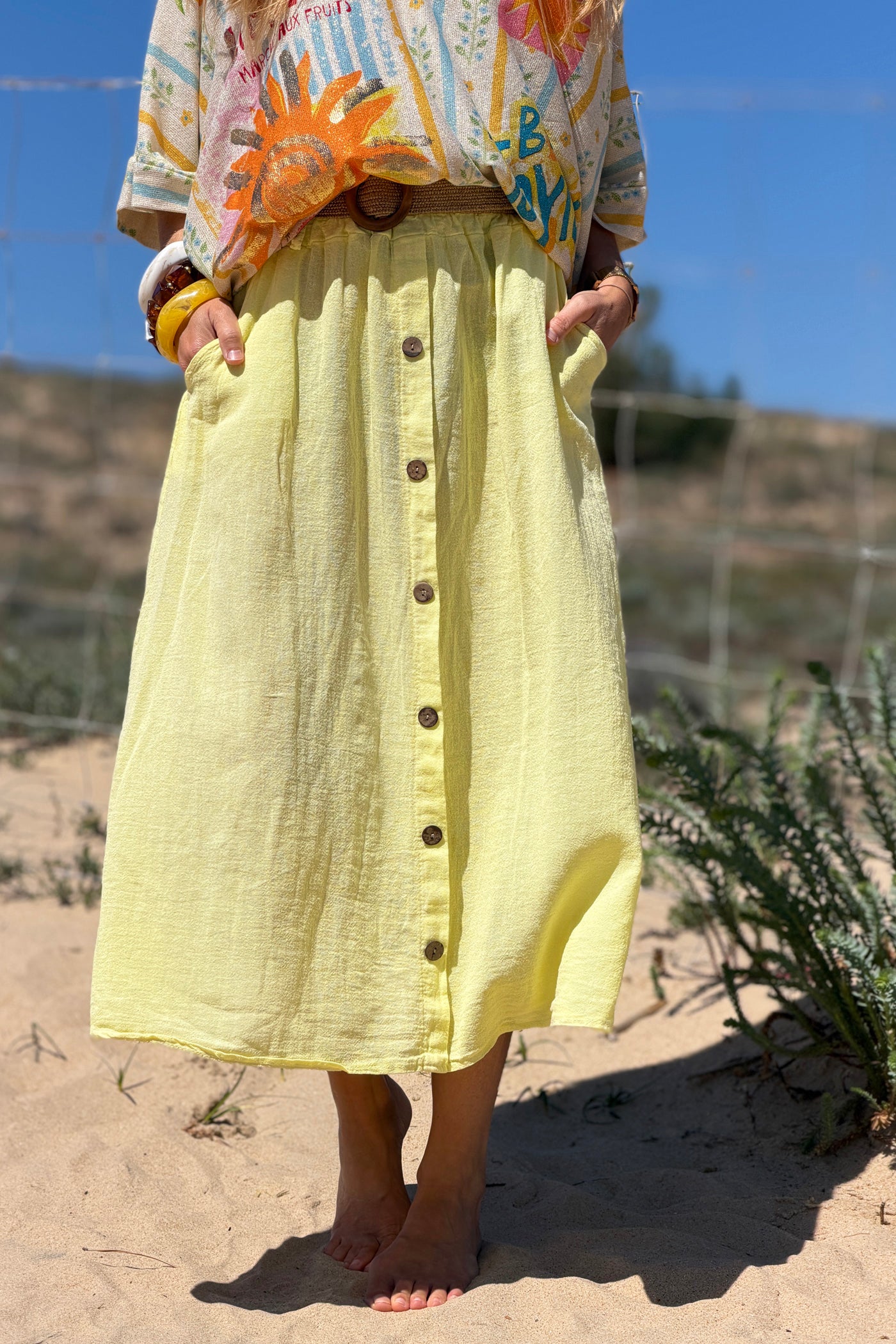Yellow Button-Front Woven Skirt