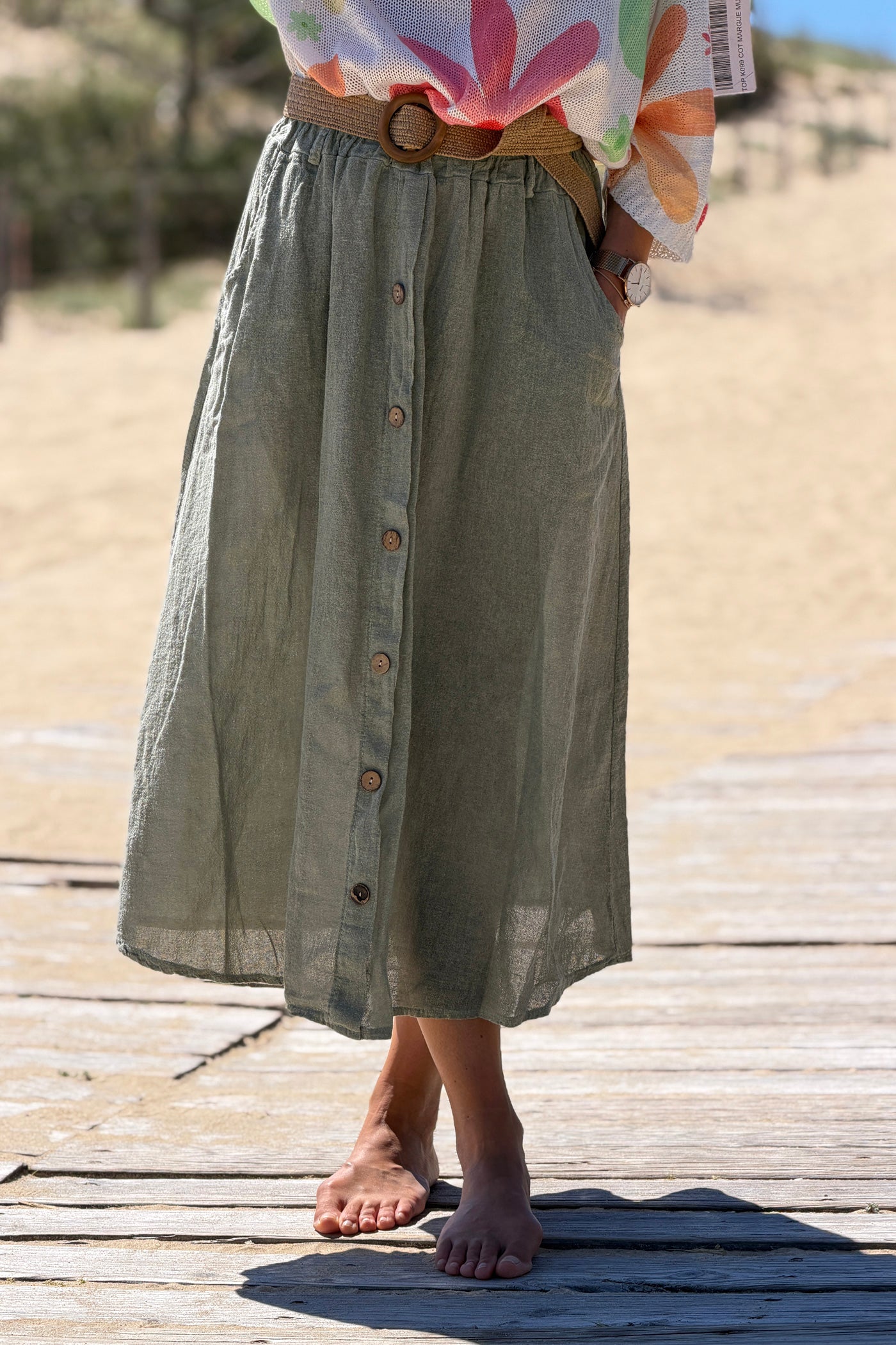 Sage Button-Front Woven Skirt