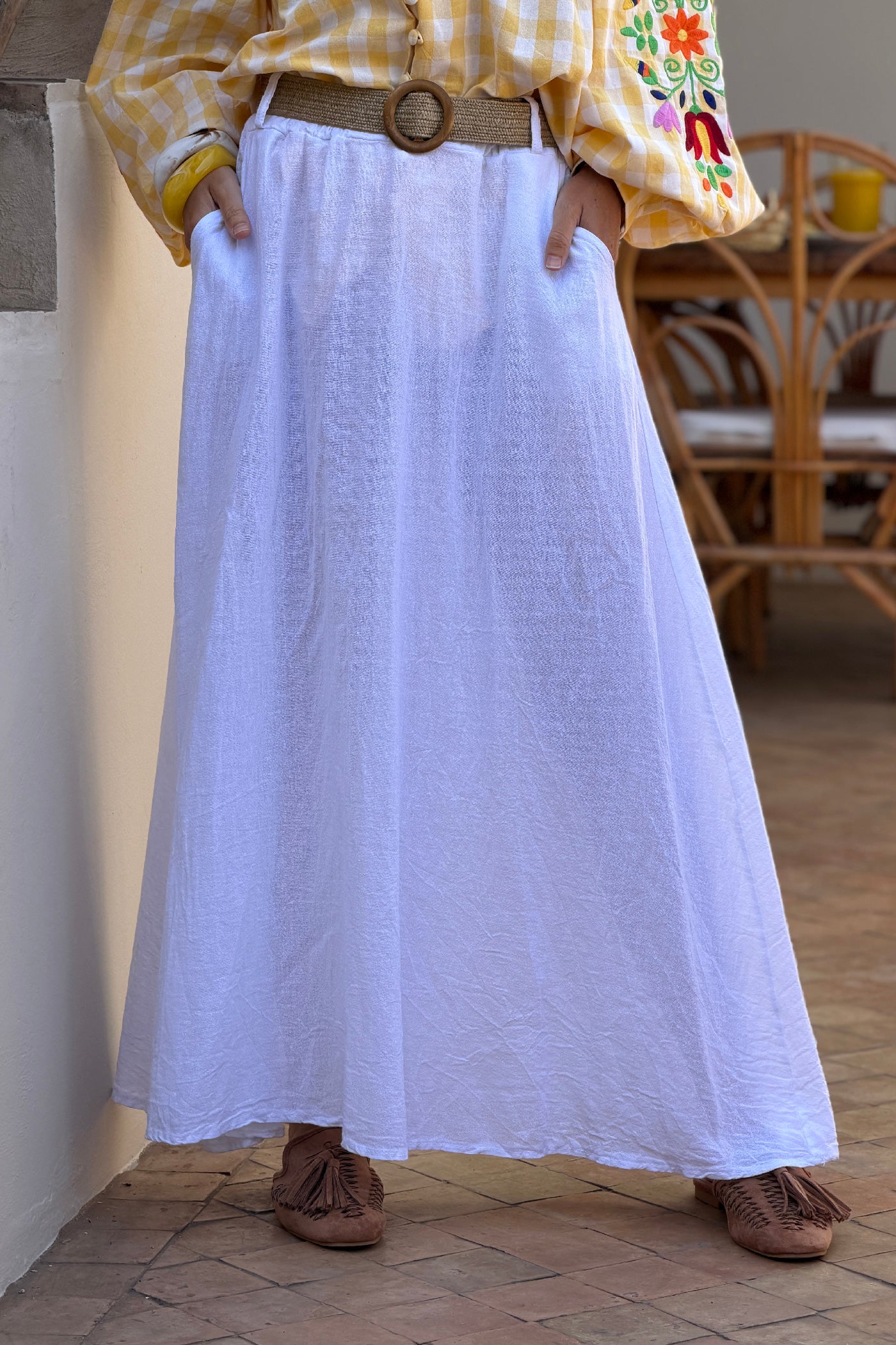 White Woven Cotton Maxi Skirt