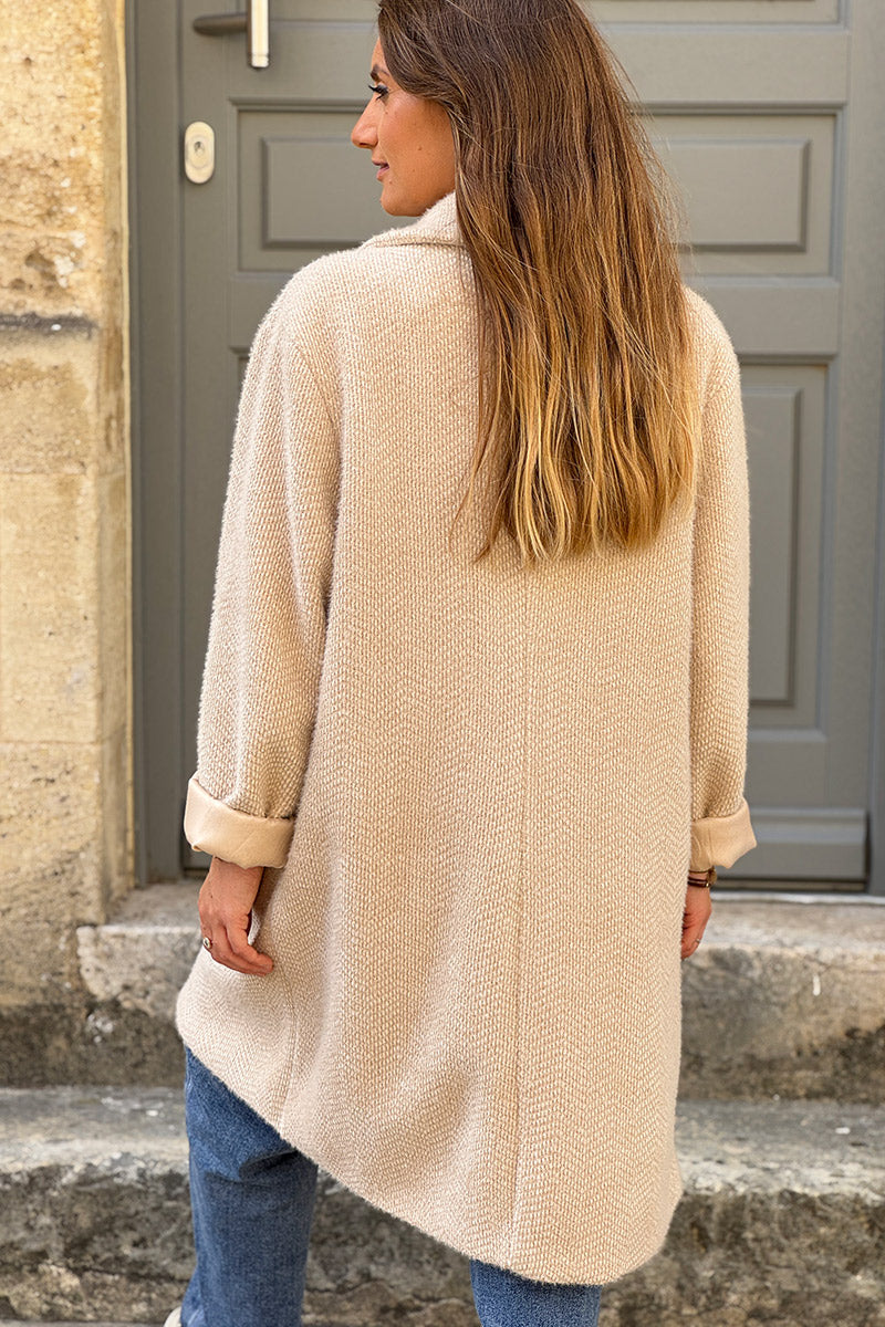 Beige Herringbone Knit Sweater Coat