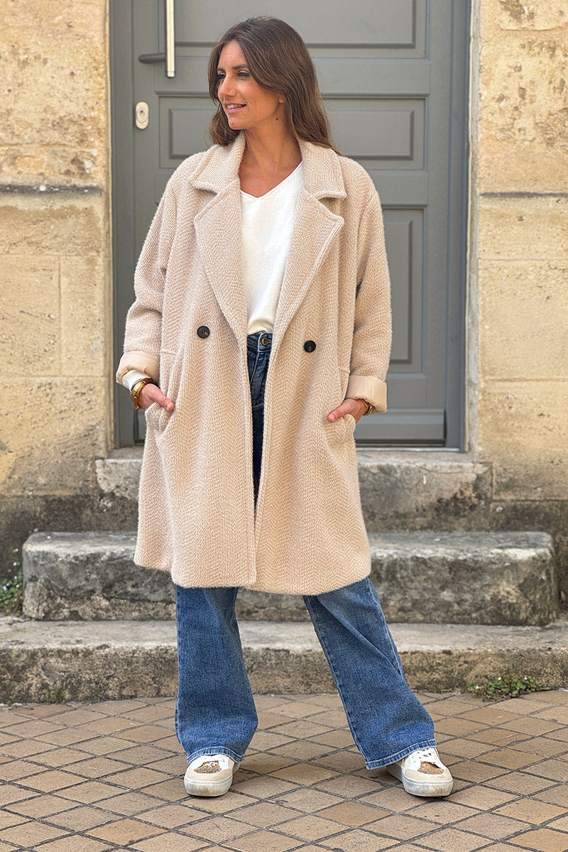 Beige Herringbone Knit Sweater Coat