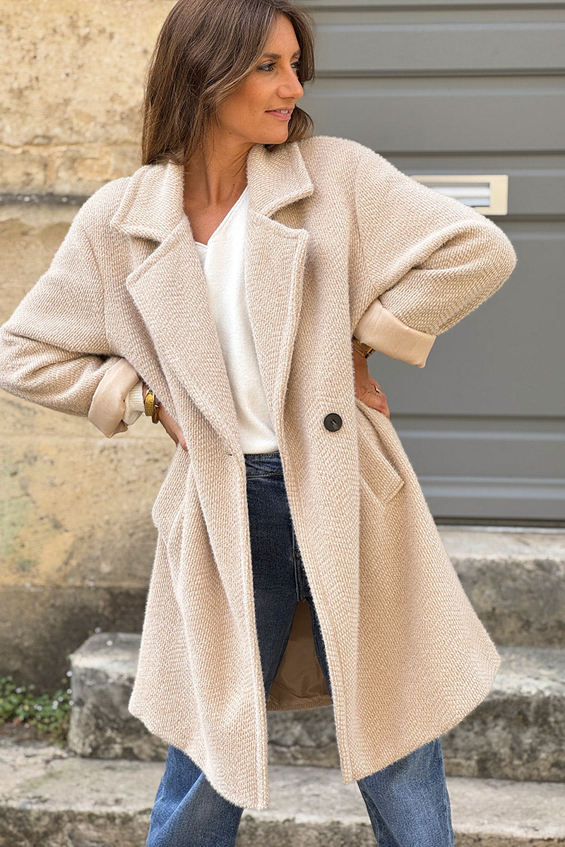 Beige Herringbone Knit Sweater Coat
