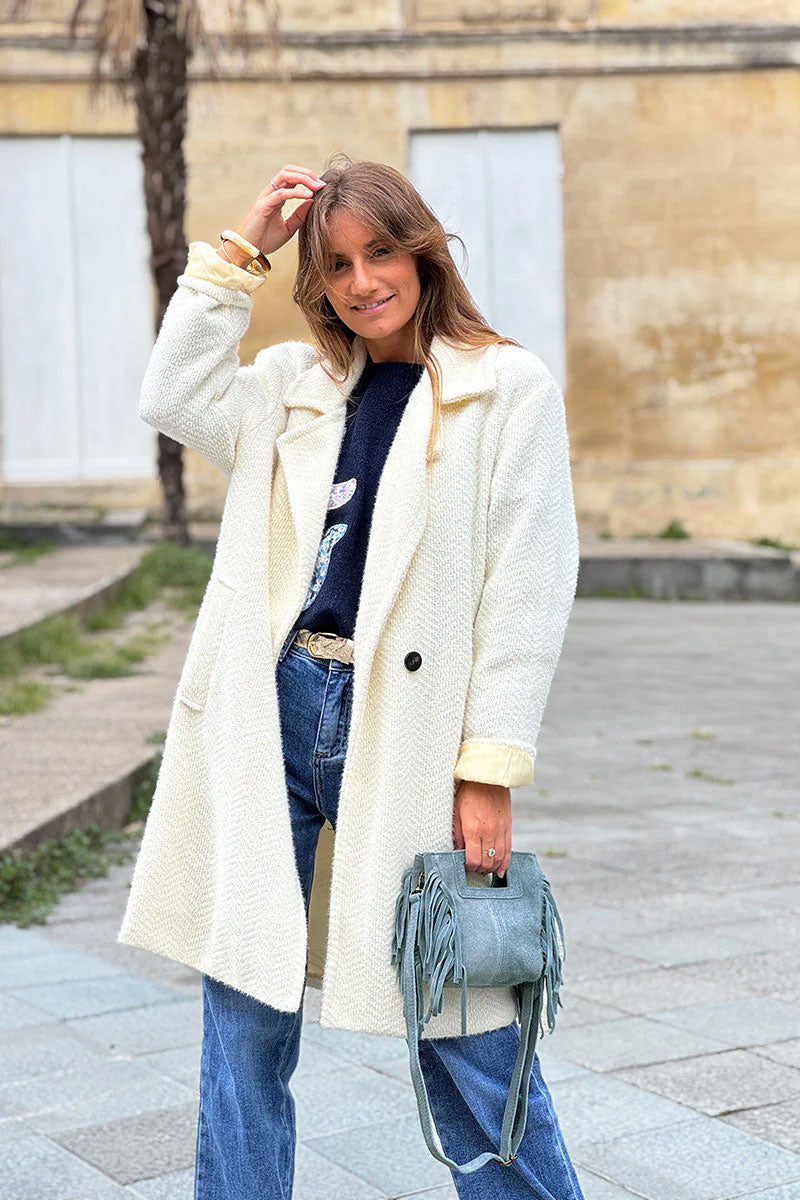 Cream Herringbone Sweater Knit Peacoat