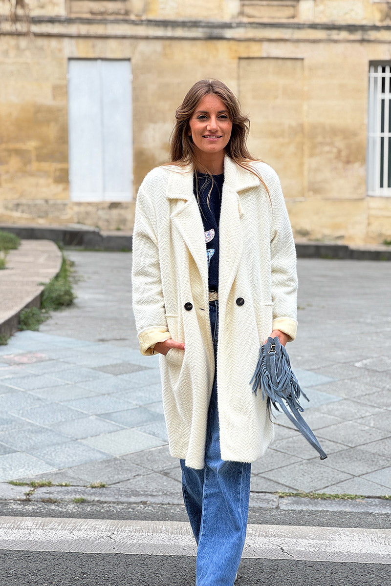 Cream Herringbone Sweater Knit Peacoat