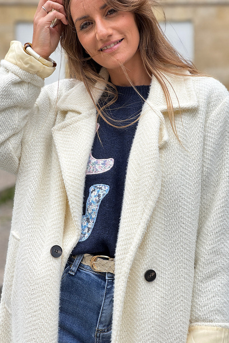Cream Herringbone Sweater Knit Peacoat