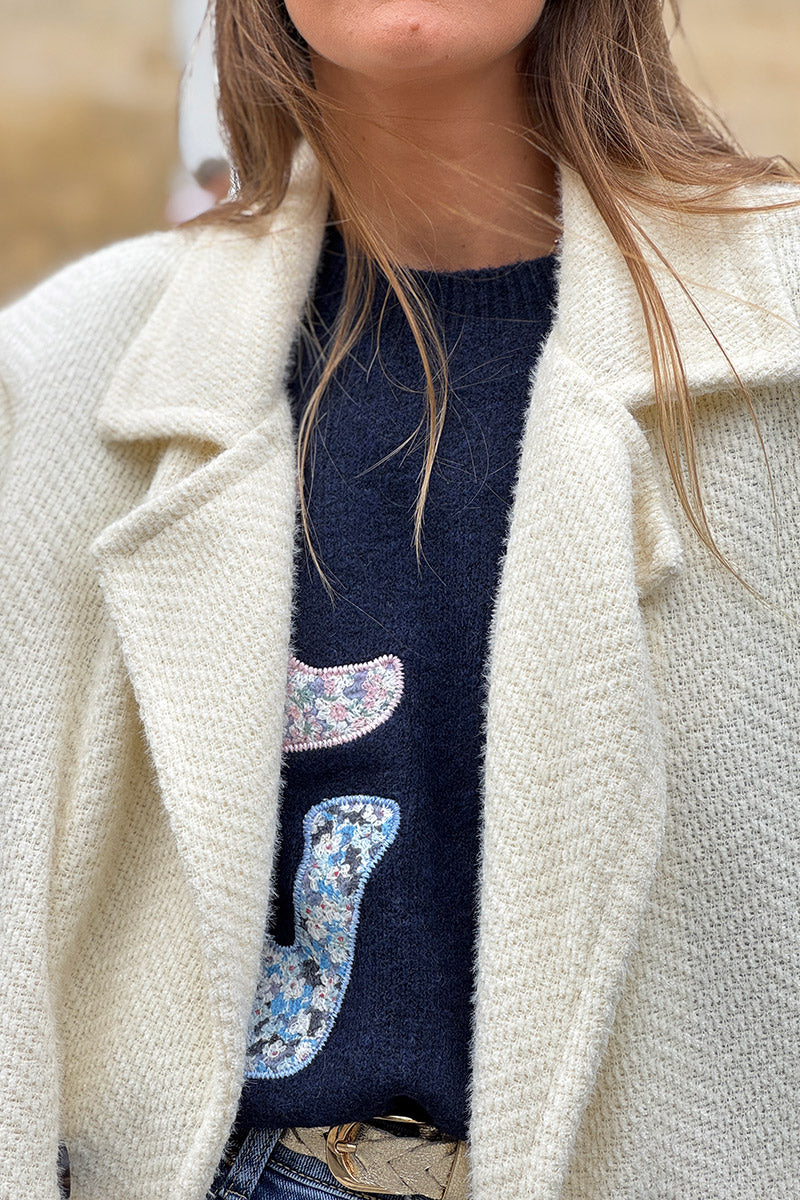 Cream Herringbone Sweater Knit Peacoat