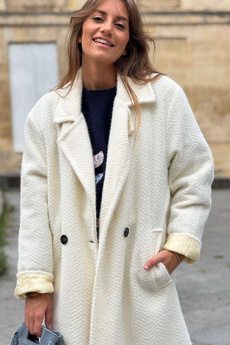Cream Herringbone Sweater Knit Peacoat