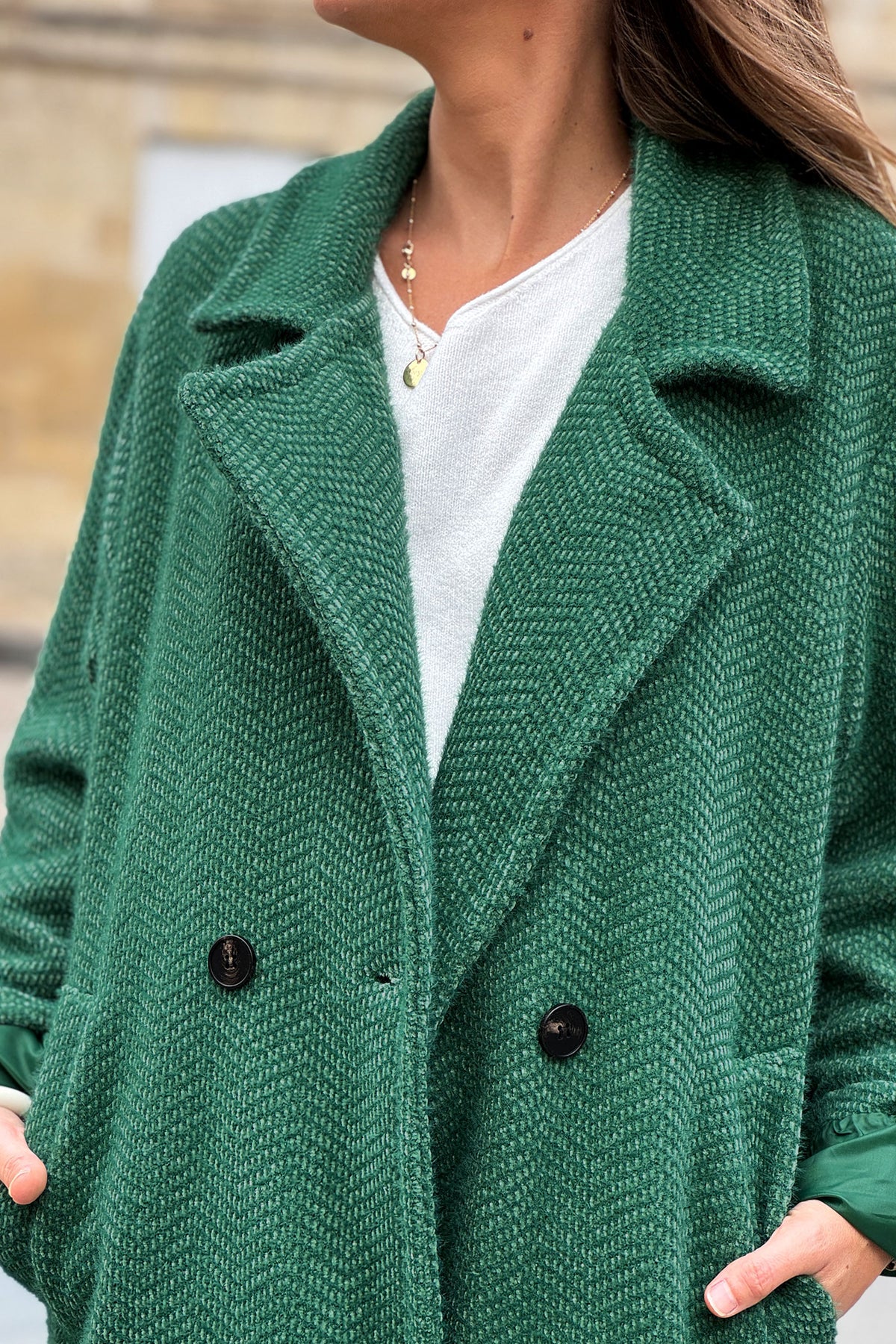 Hunter Green Herringbone Sweater Knit Peacoat