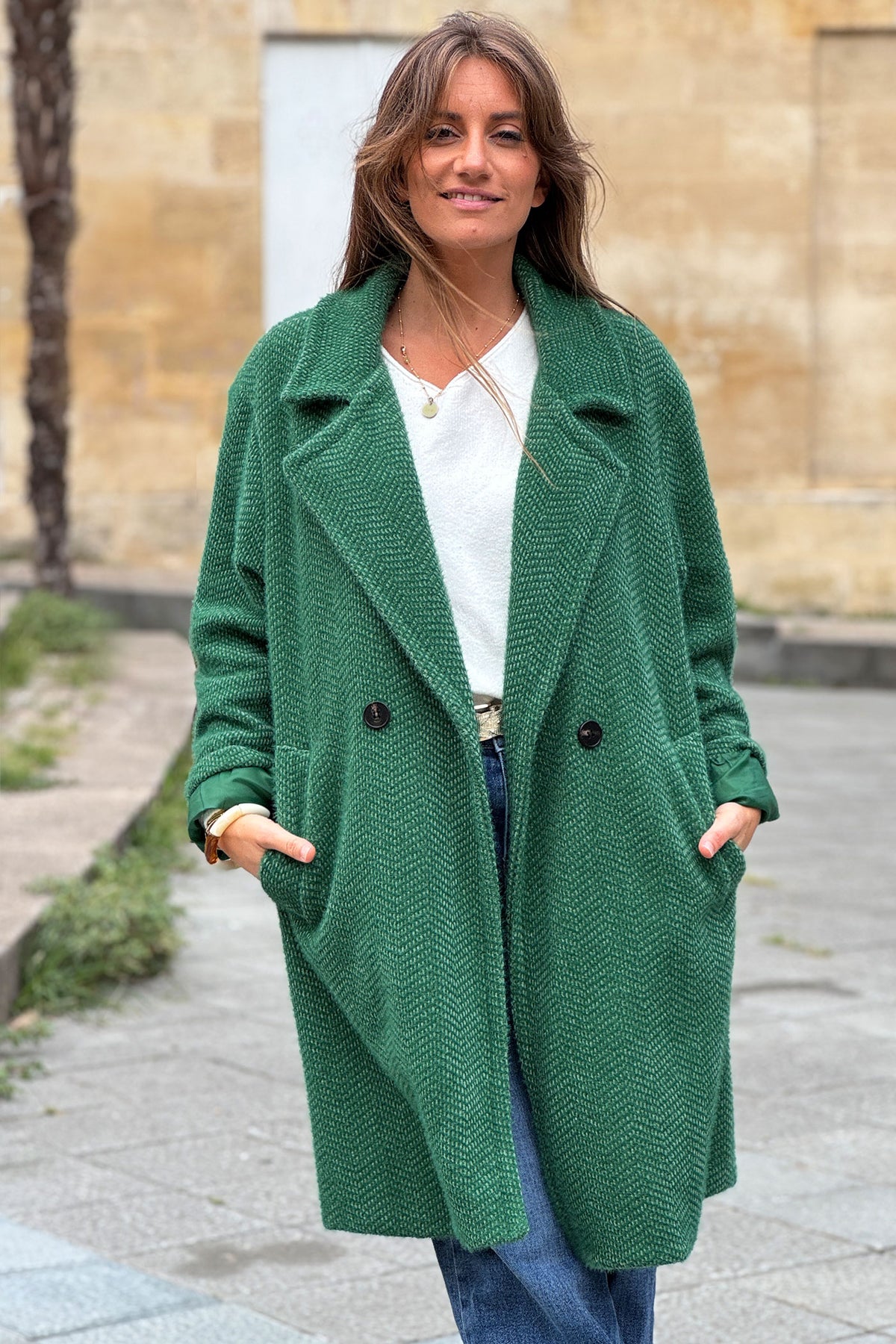 Hunter Green Herringbone Sweater Knit Peacoat