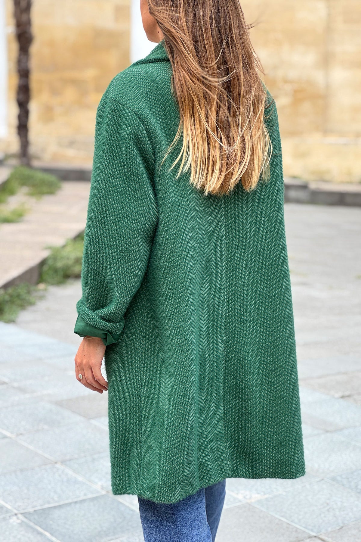 Hunter Green Herringbone Sweater Knit Peacoat