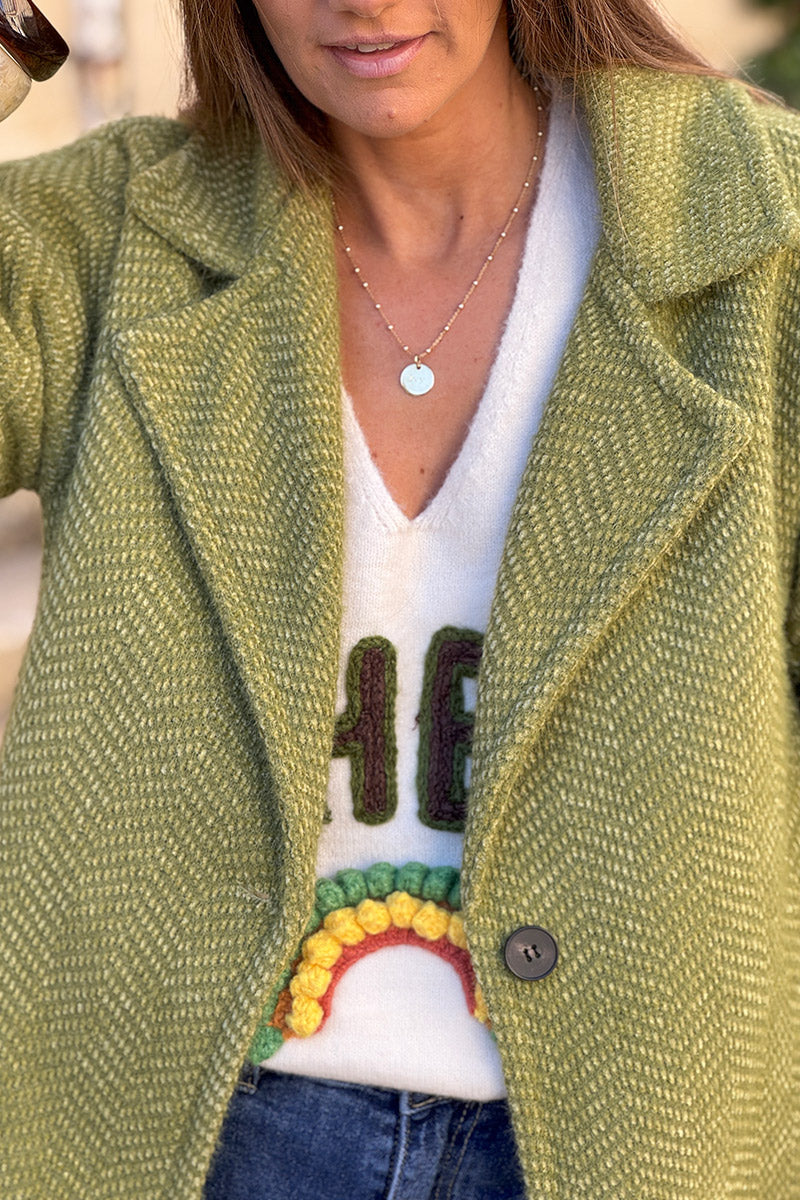 abrigo de punto de chenilla suave, corto y de color verde oliva