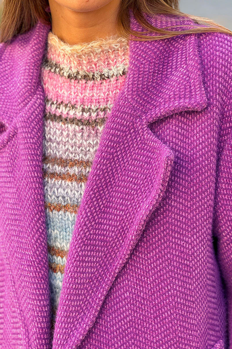 Purple Herringbone Knit Sweater Coat