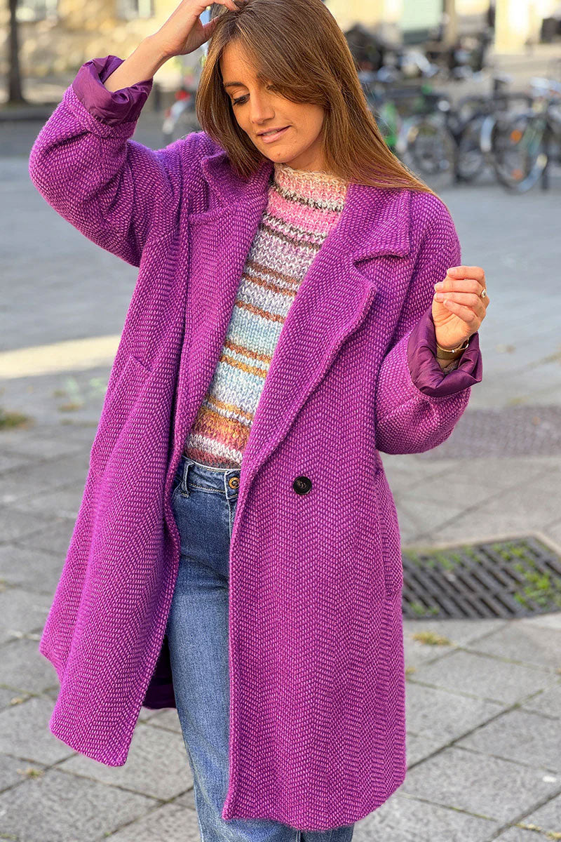 Purple Herringbone Knit Sweater Coat