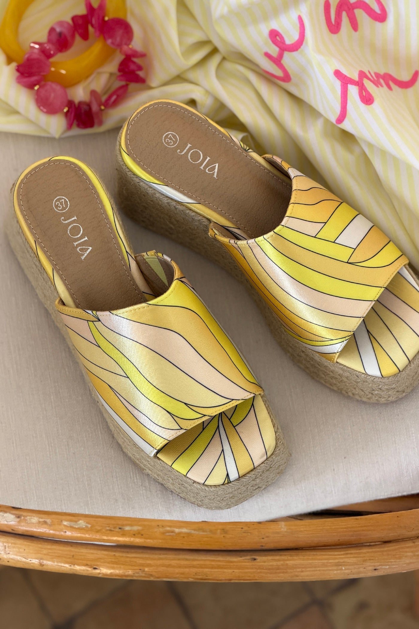 Yellow Sateen Groovy Espadrille Platform Mules