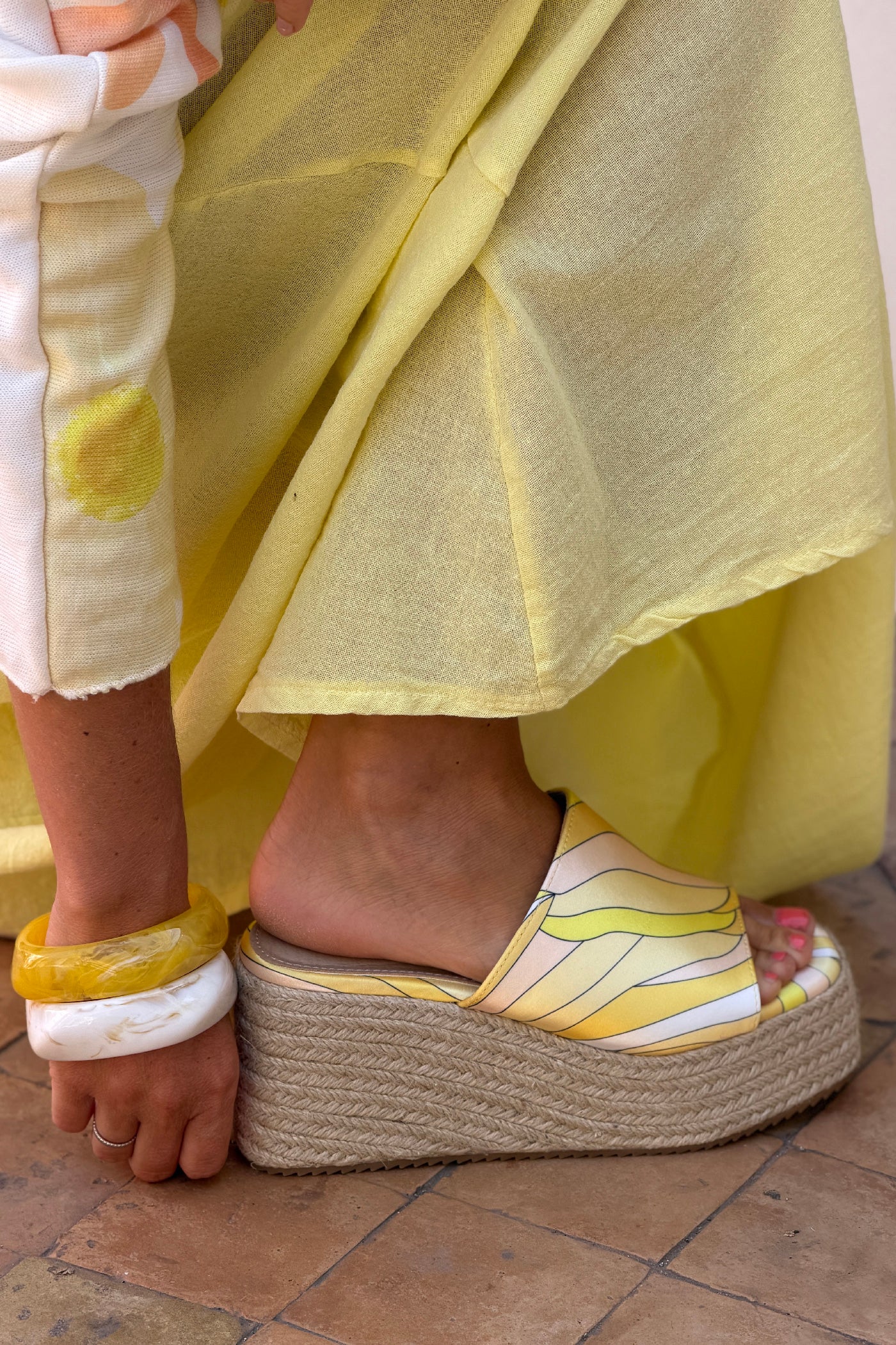 Yellow Sateen Groovy Espadrille Platform Mules