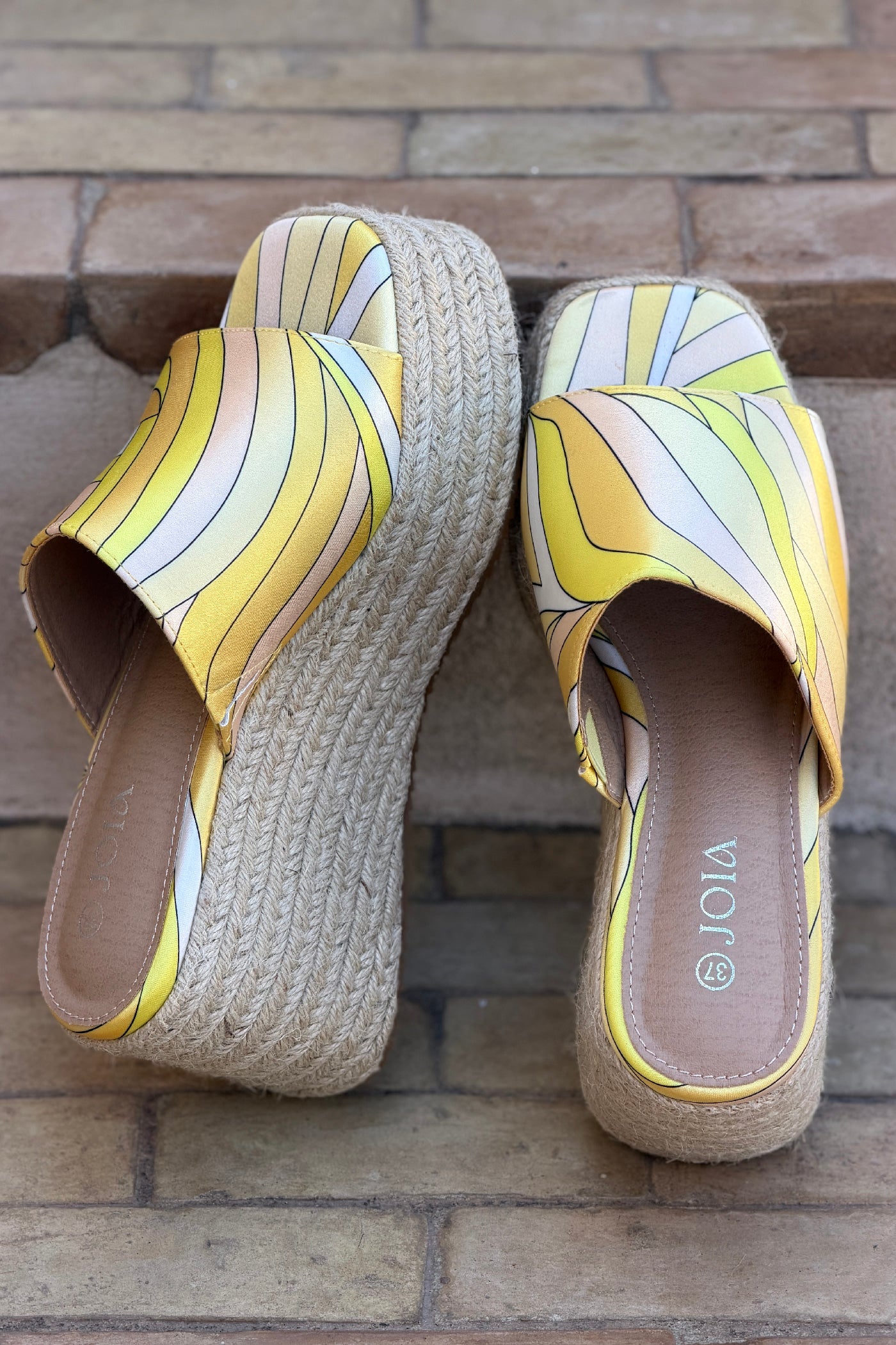Yellow Sateen Groovy Espadrille Platform Mules