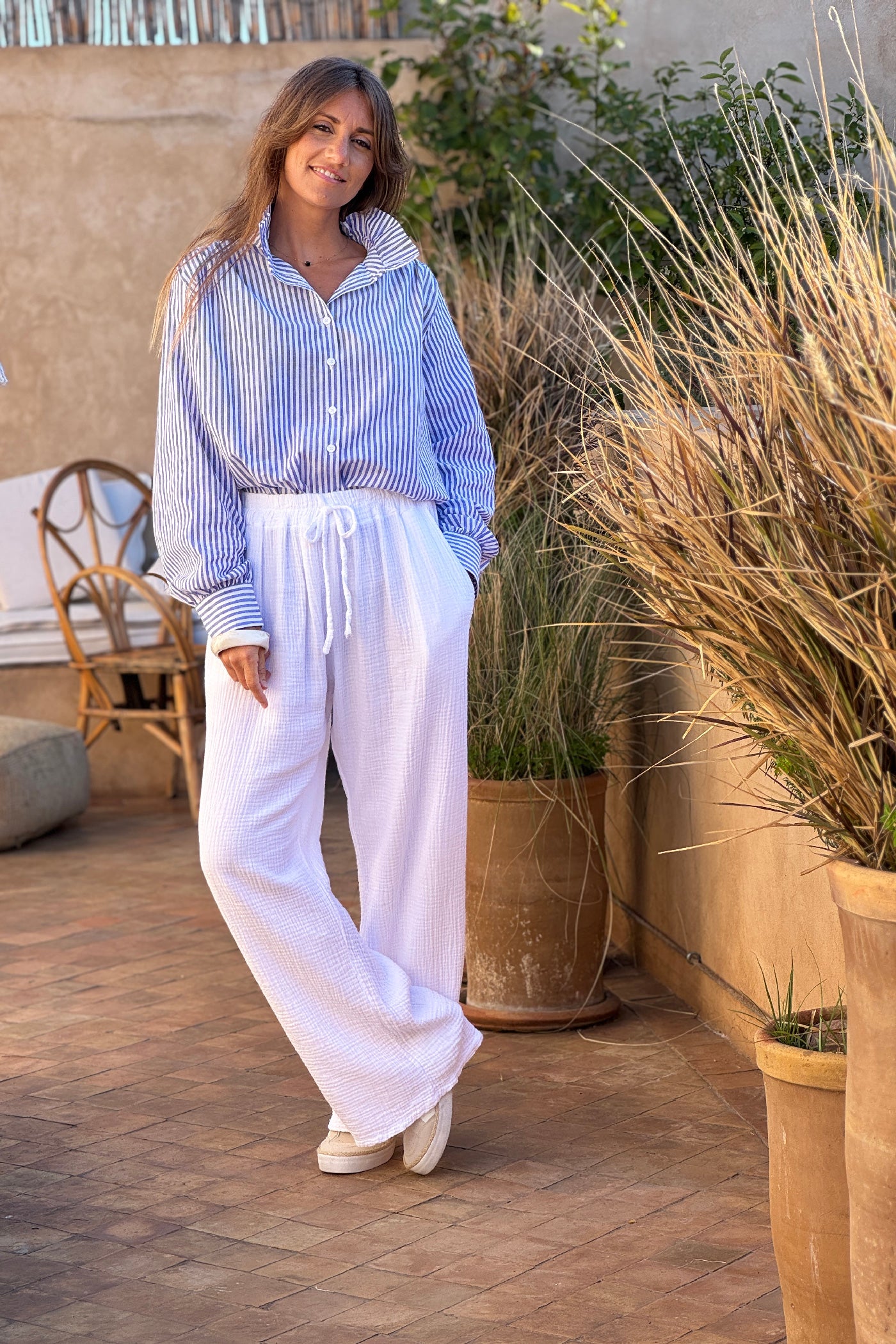 White Crinkle Gauze Pull-On Pant