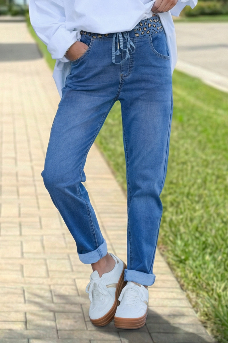 Jean délavé slim stretch ceinture élastique léopard brillant
