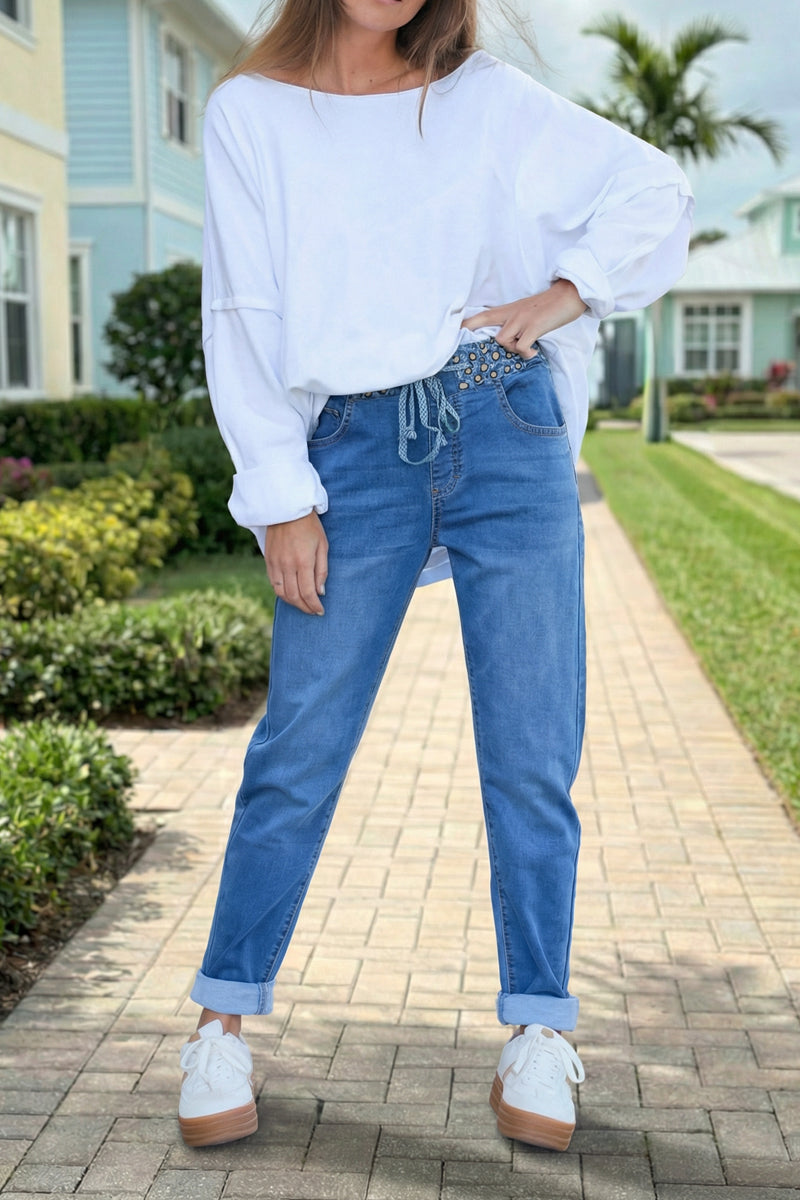 Jean délavé slim stretch ceinture élastique léopard brillant
