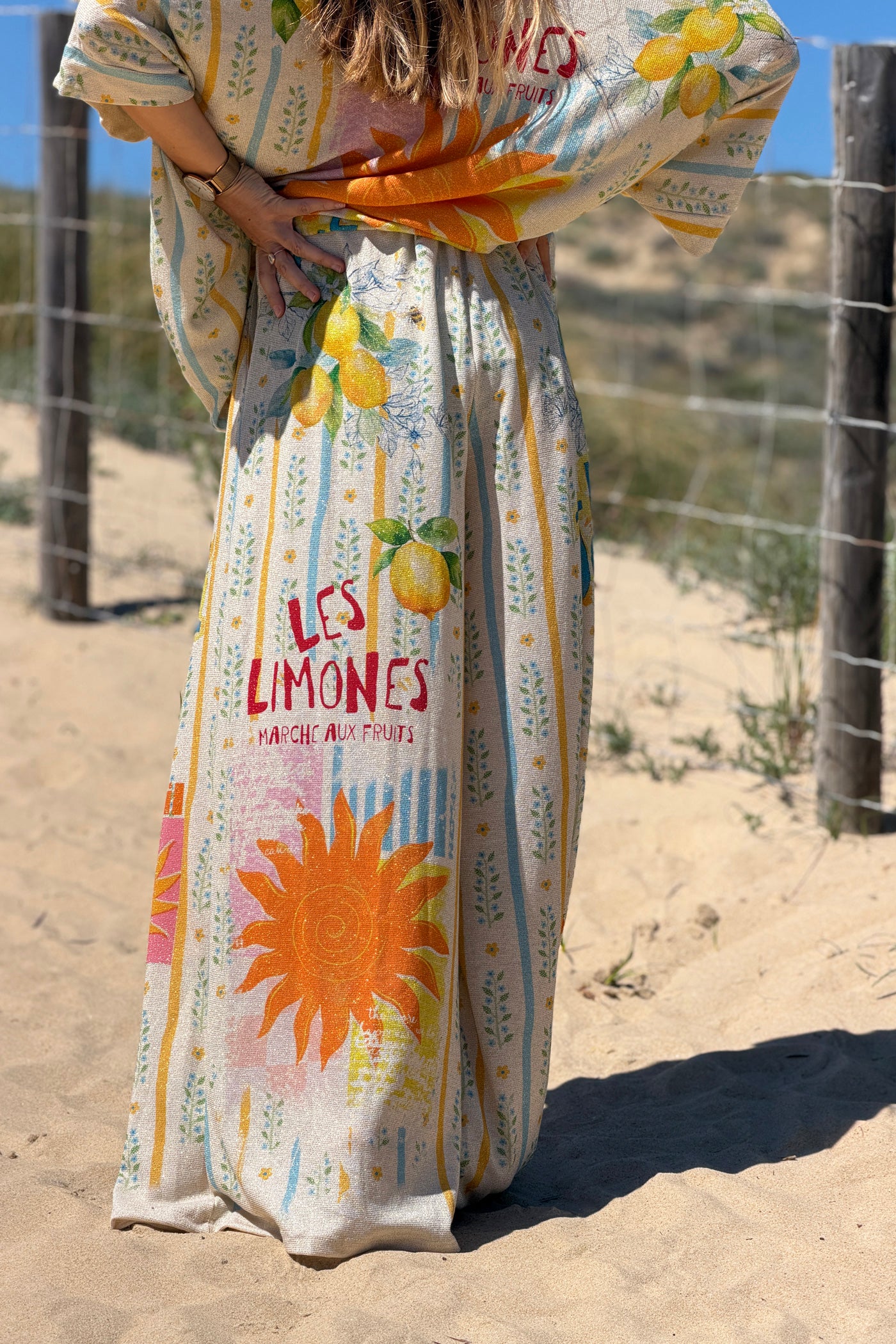 Pantalon brillant lurex large et fluide imprime rayures Soleil et Limones citrons