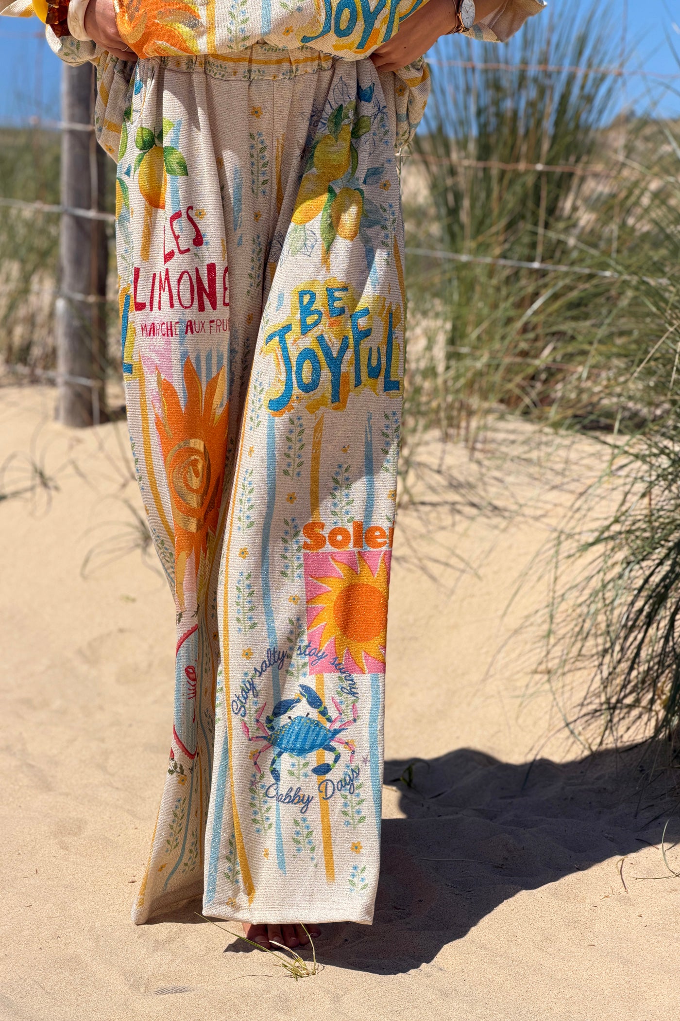 Pantalon brillant lurex large et fluide imprime rayures Soleil et Limones citrons