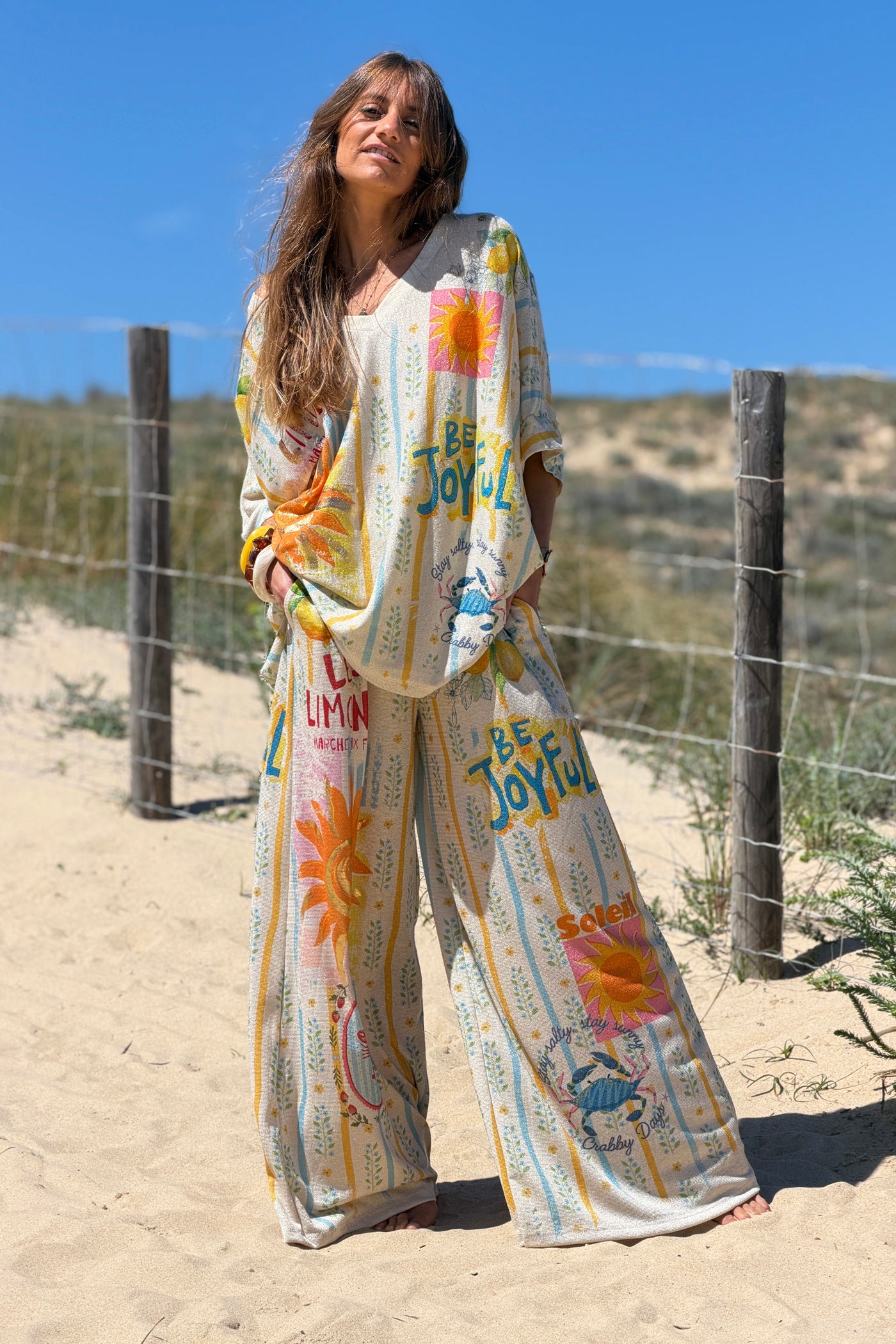 Pantalon brillant lurex large et fluide imprime rayures Soleil et Limones citrons