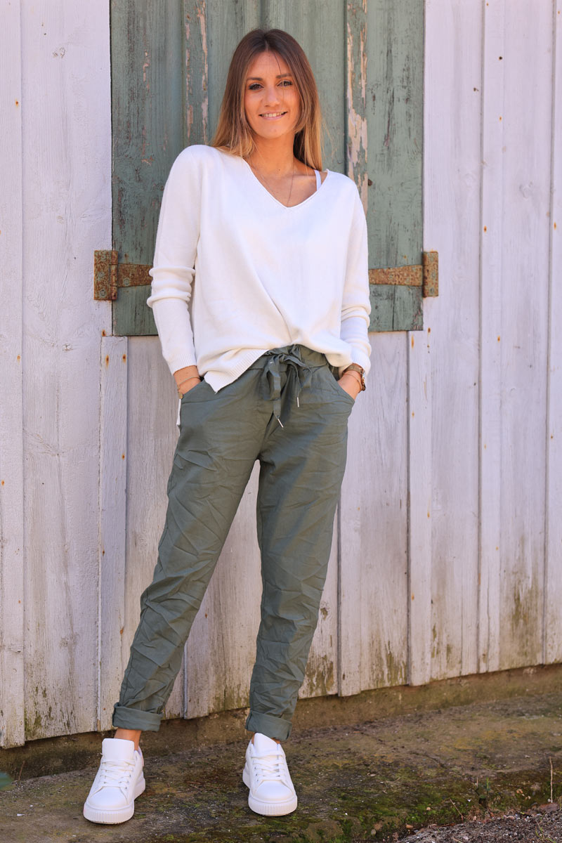 Olive comfort and stretch fabric pants with a glitter star