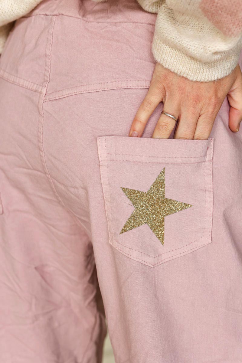 Pantalon confort rose pâle en toile stretch étoile brillante paillettes