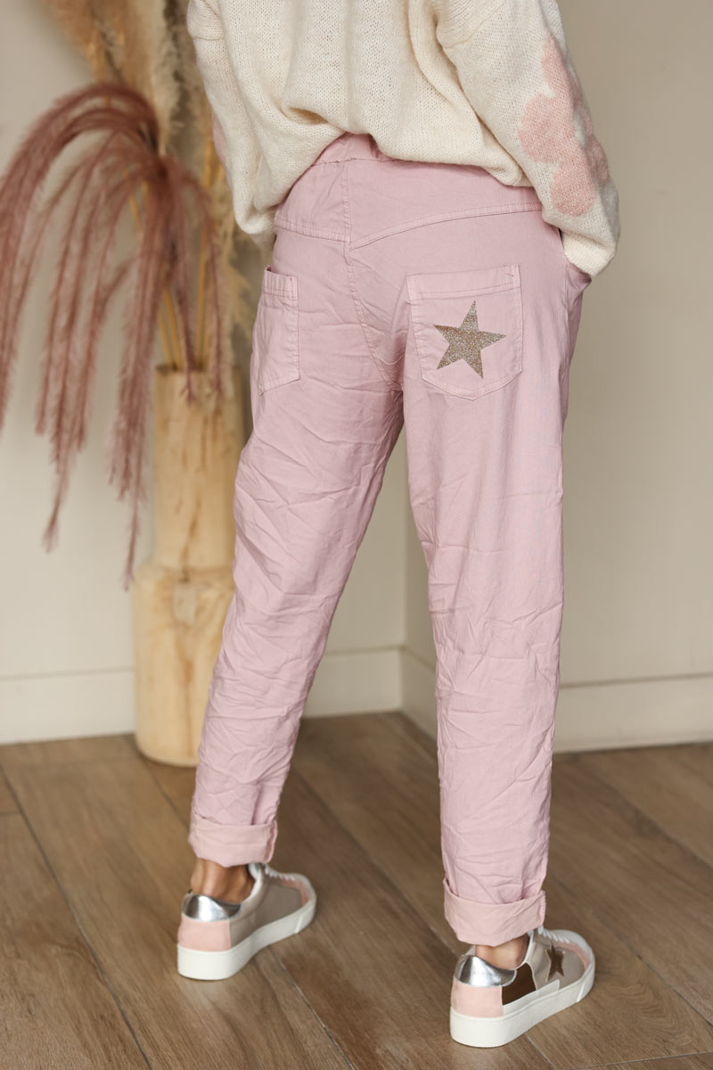 Pantalon confort rose pâle en toile stretch étoile brillante paillettes