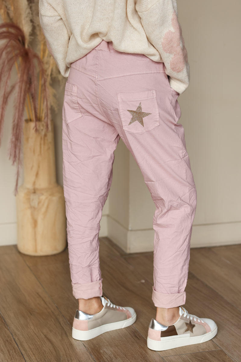 Pantalon confort rose pâle en toile stretch étoile brillante paillettes