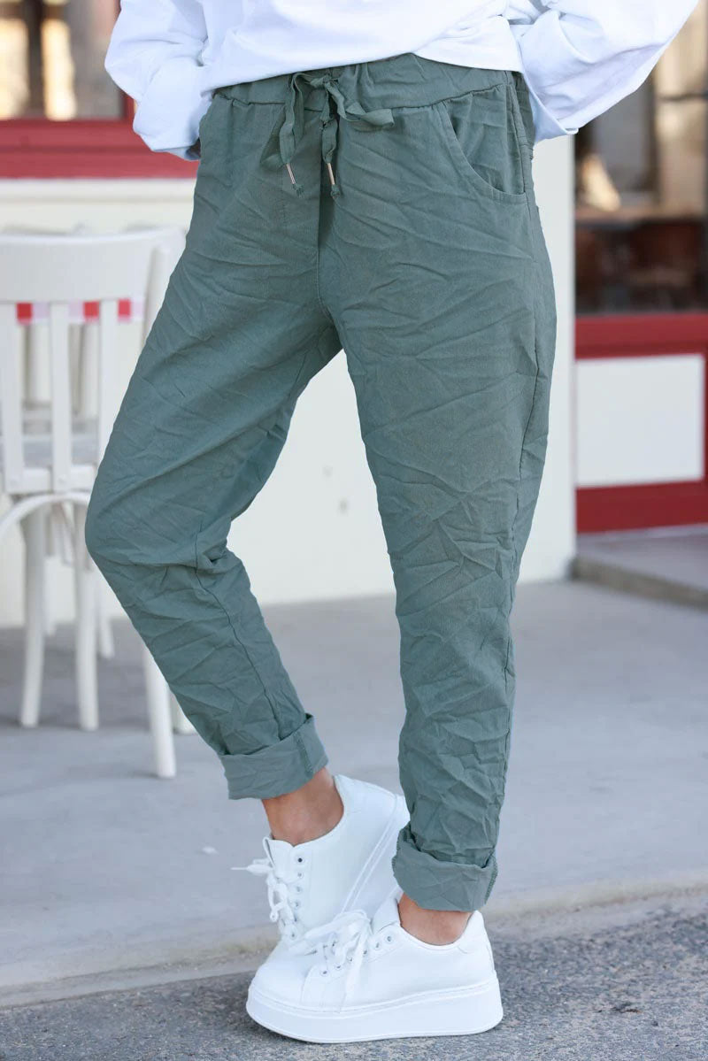 Sage comfort and stretch fabric pants with a glitter star