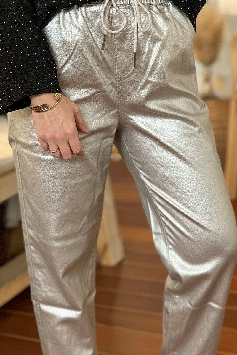 Pantalon doré en simili effet huile fourré taille élastique avec cordon