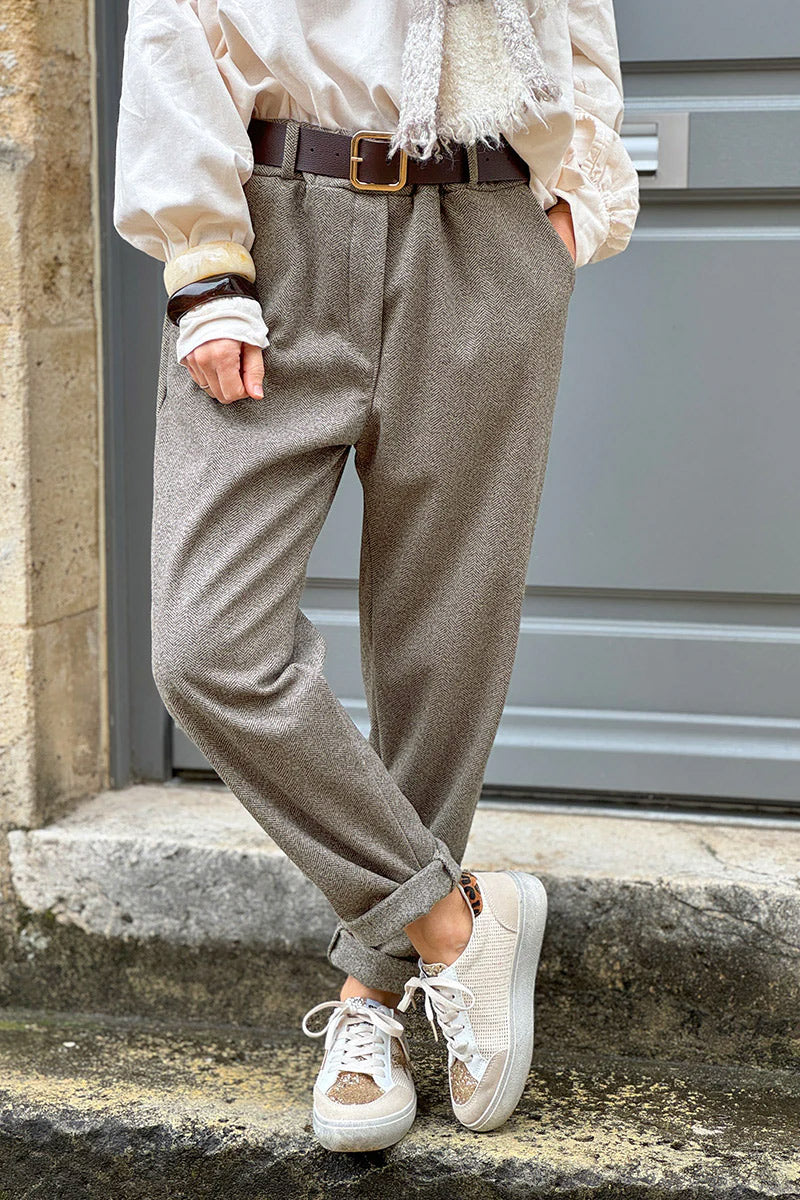Gray Herringbone Tweed Pull-On Pants with Belt