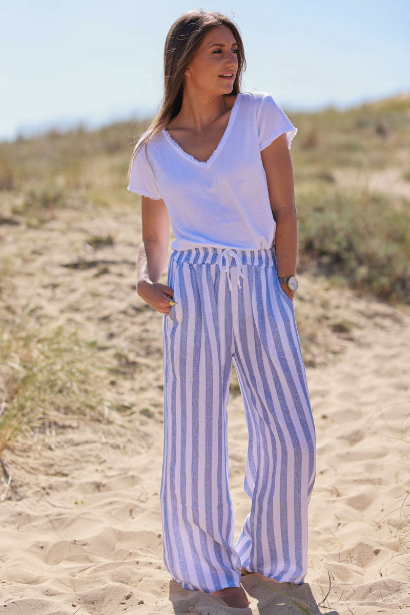 Pantalon en gaze de coton à rayures bleu jean wide leg ceinture élastique