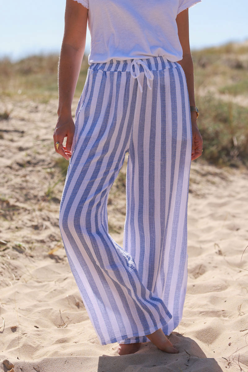 Pantalon en gaze de coton à rayures bleu jean wide leg ceinture élastique