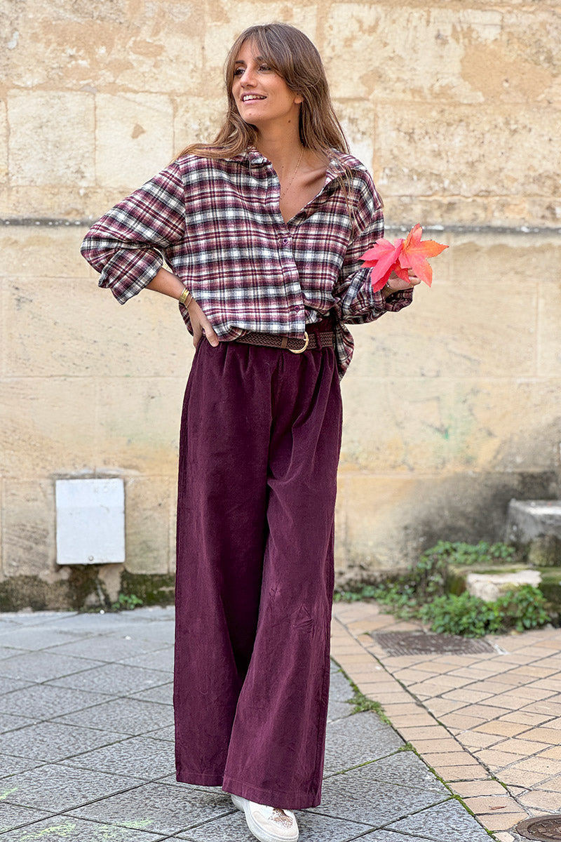 Burgundy Corduroy Paperbag Waist Pants with Woven Belt