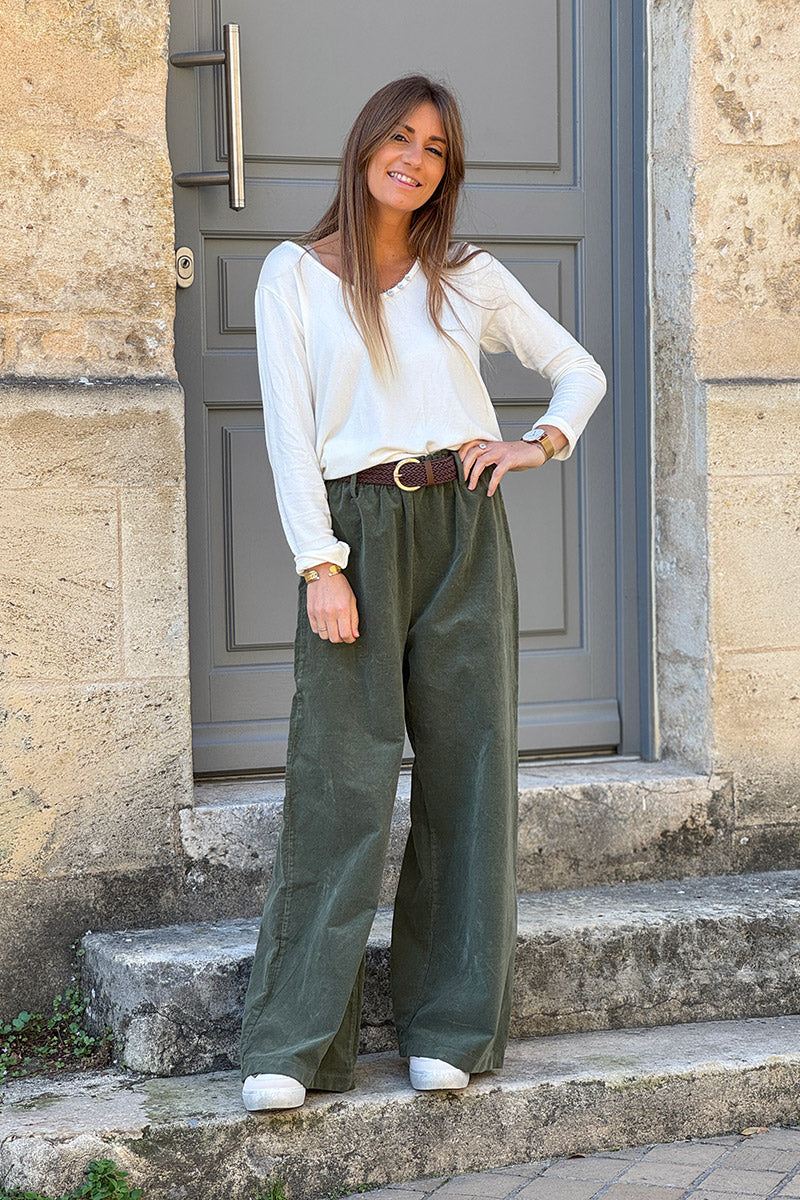 Olive Corduroy Paperbag Waist Pants with Woven Belt