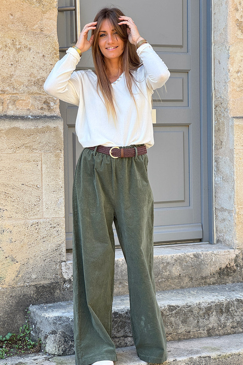 Olive Corduroy Paperbag Waist Pants with Woven Belt