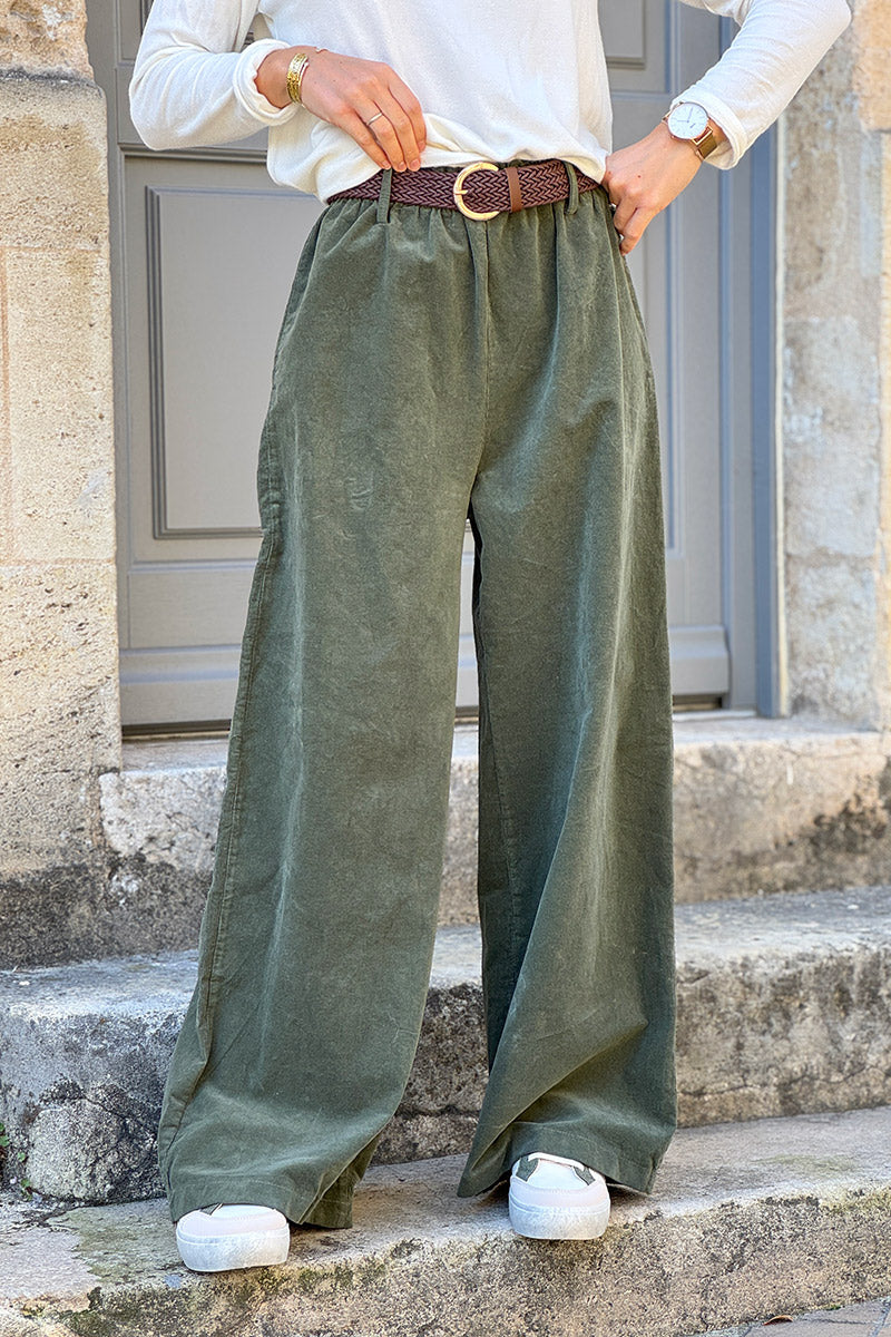 Olive Corduroy Paperbag Waist Pants with Woven Belt