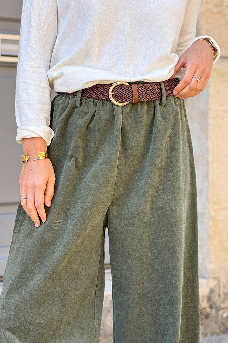 Olive Corduroy Paperbag Waist Pants with Woven Belt