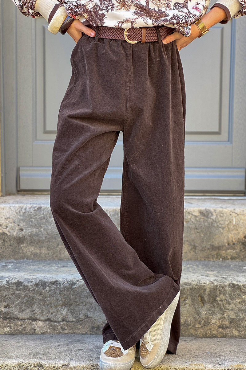 Pantalones marrones de pana elástica con pernera ancha y cintura trenzada